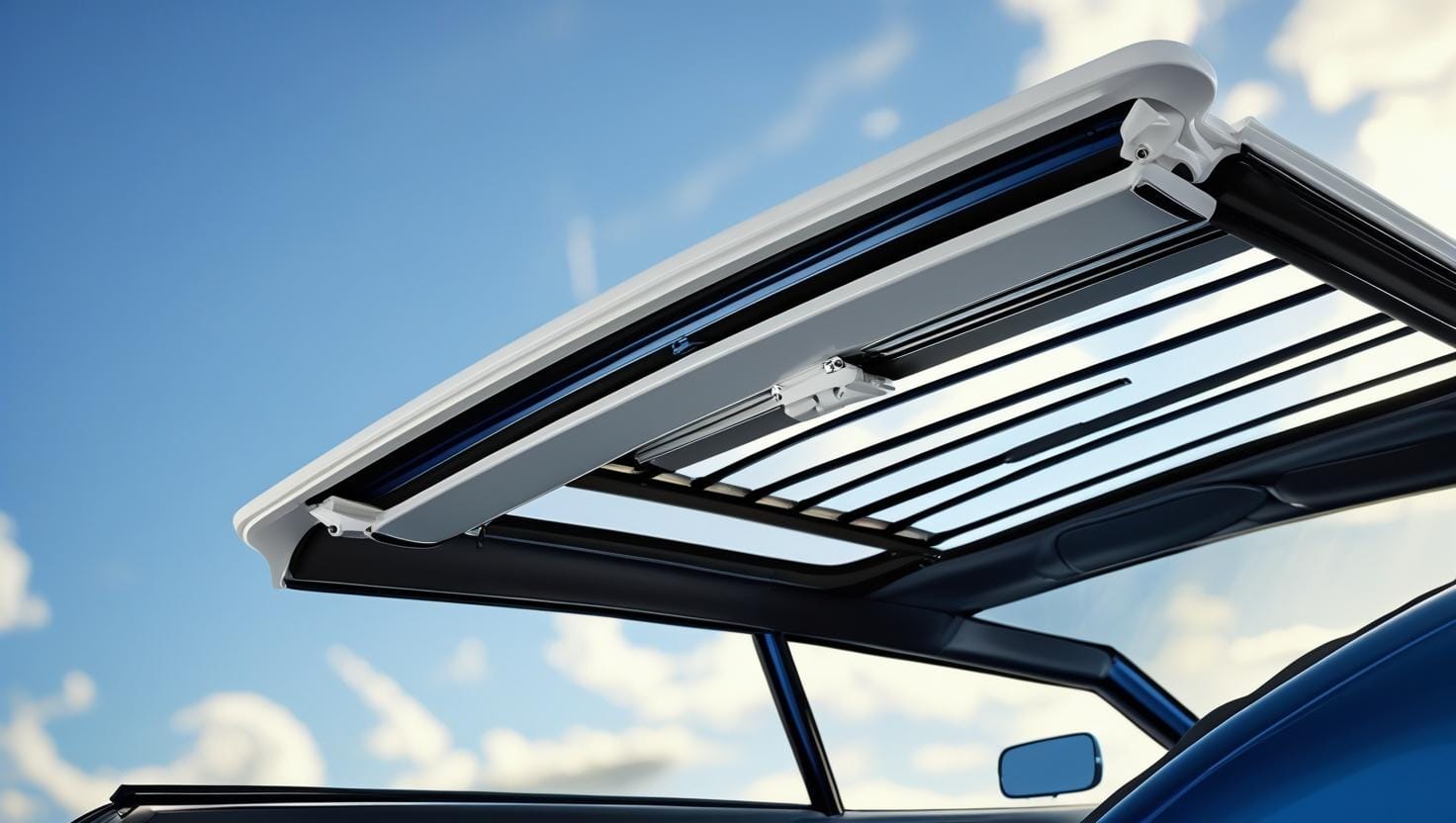 A classic car with an opaque, body-colored sunroof panel slightly open.