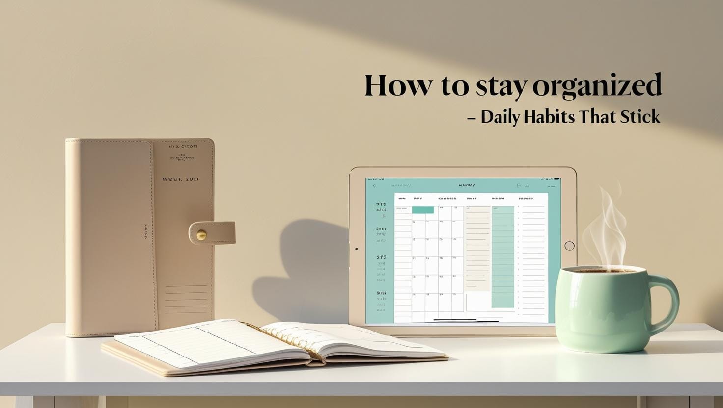 A neat and organized desk with a laptop, notebook, and plant.