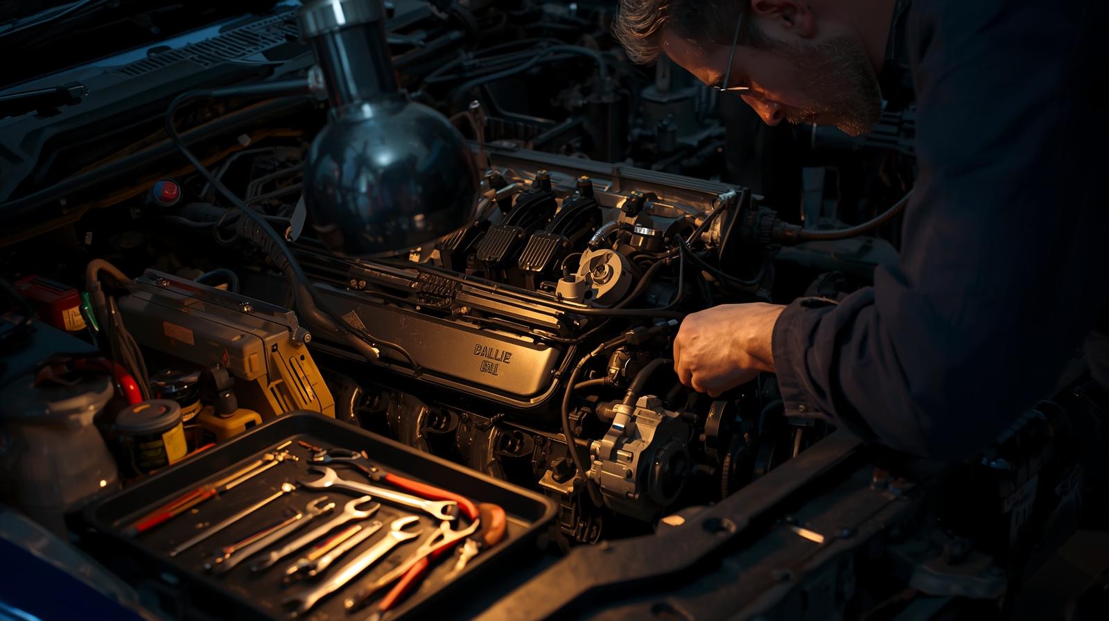 A mechanic carefully working on a car engine with tools nearby.