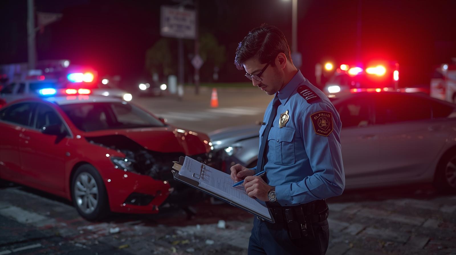 A police officer writing a report at the scene of a car accident.