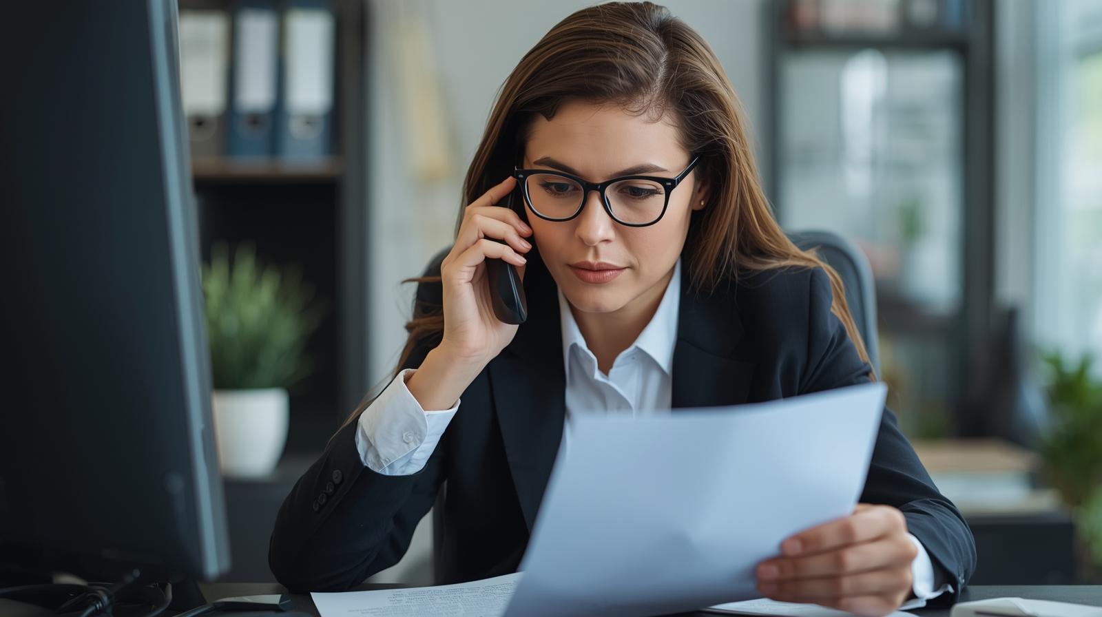 A person on the phone looking at documents, representing negotiating a claim.