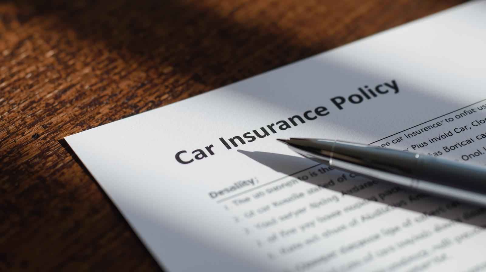 A close-up of a car insurance policy document and a pen.