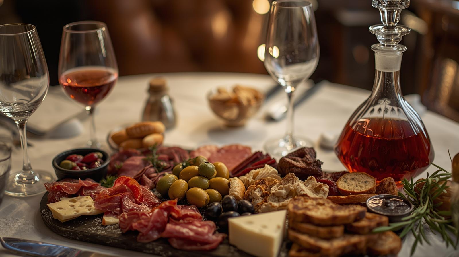A beautifully set table with wine glasses, a decanter, and a charcuterie board, ready for a tasting.