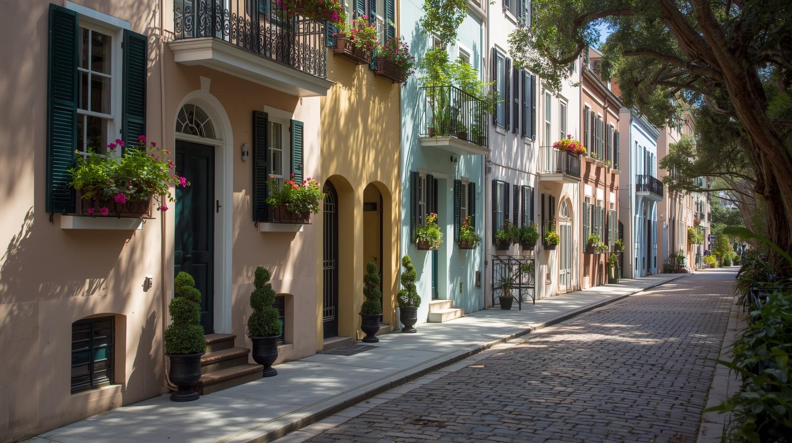 A charming cobblestone street with historic houses in Charleston.