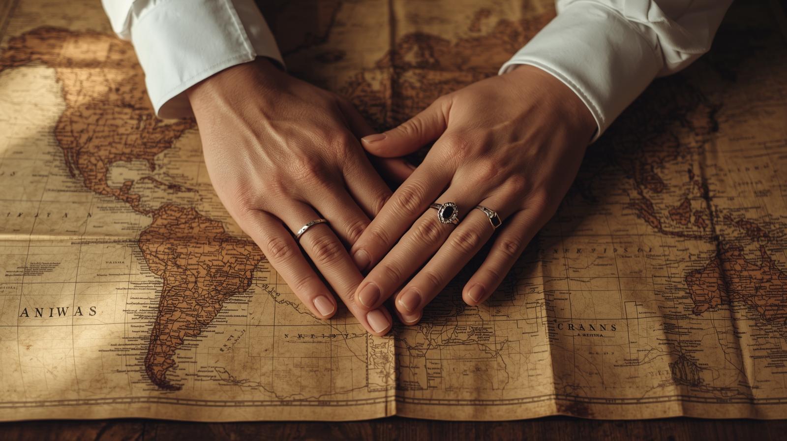 A couple's hands intertwined, showing wedding rings, resting on a vintage map.