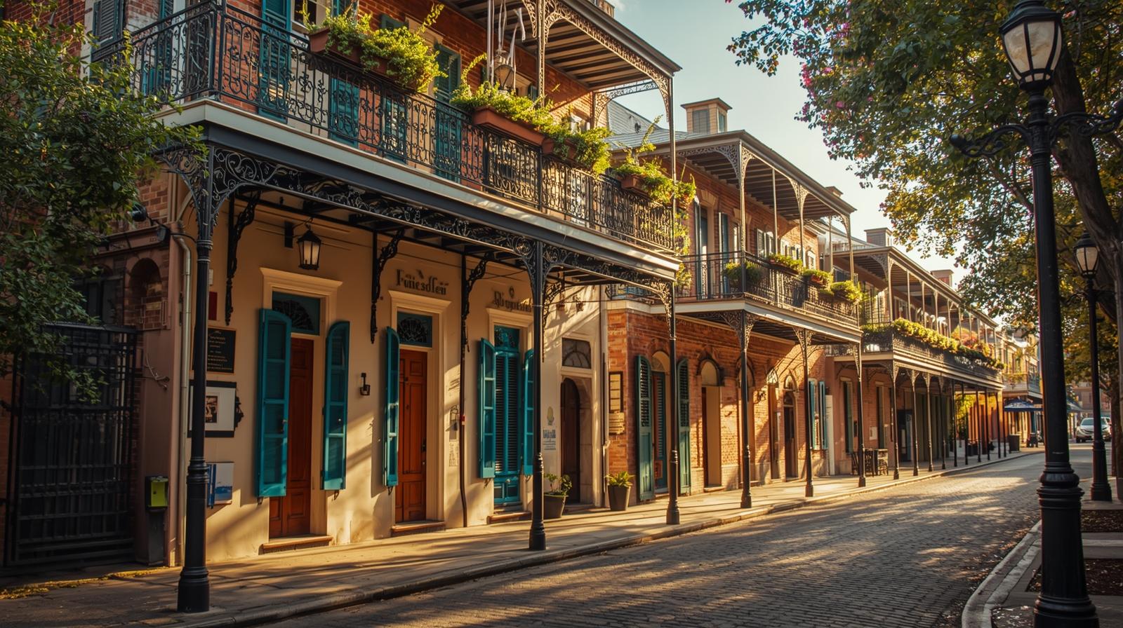A street in the French Quarter of New Orleans with its iconic architecture.