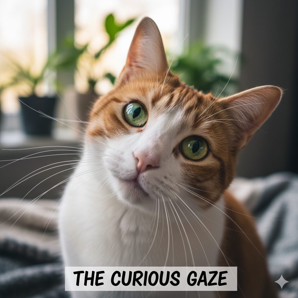 A close-up of a cat's face, looking inquisitively at the camera.